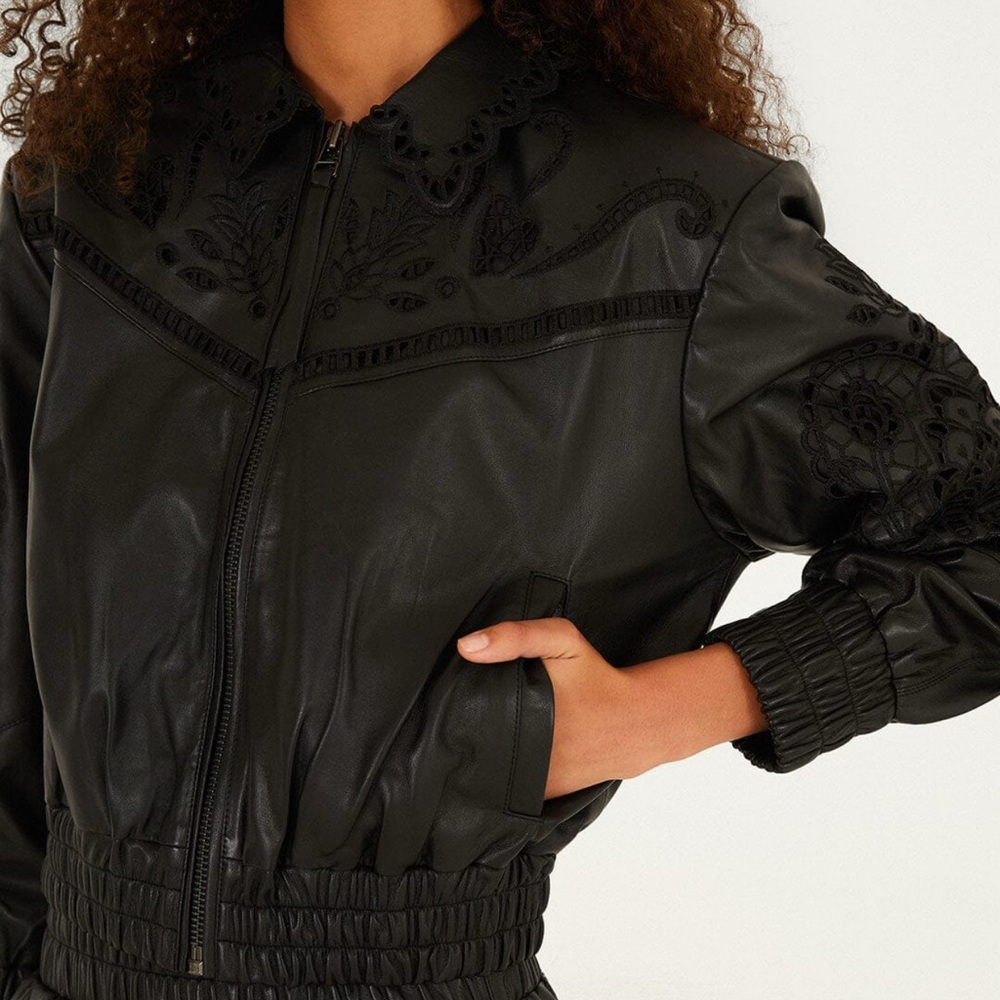 Farm Rio Richelieu Leather Bomber Jacket (black)